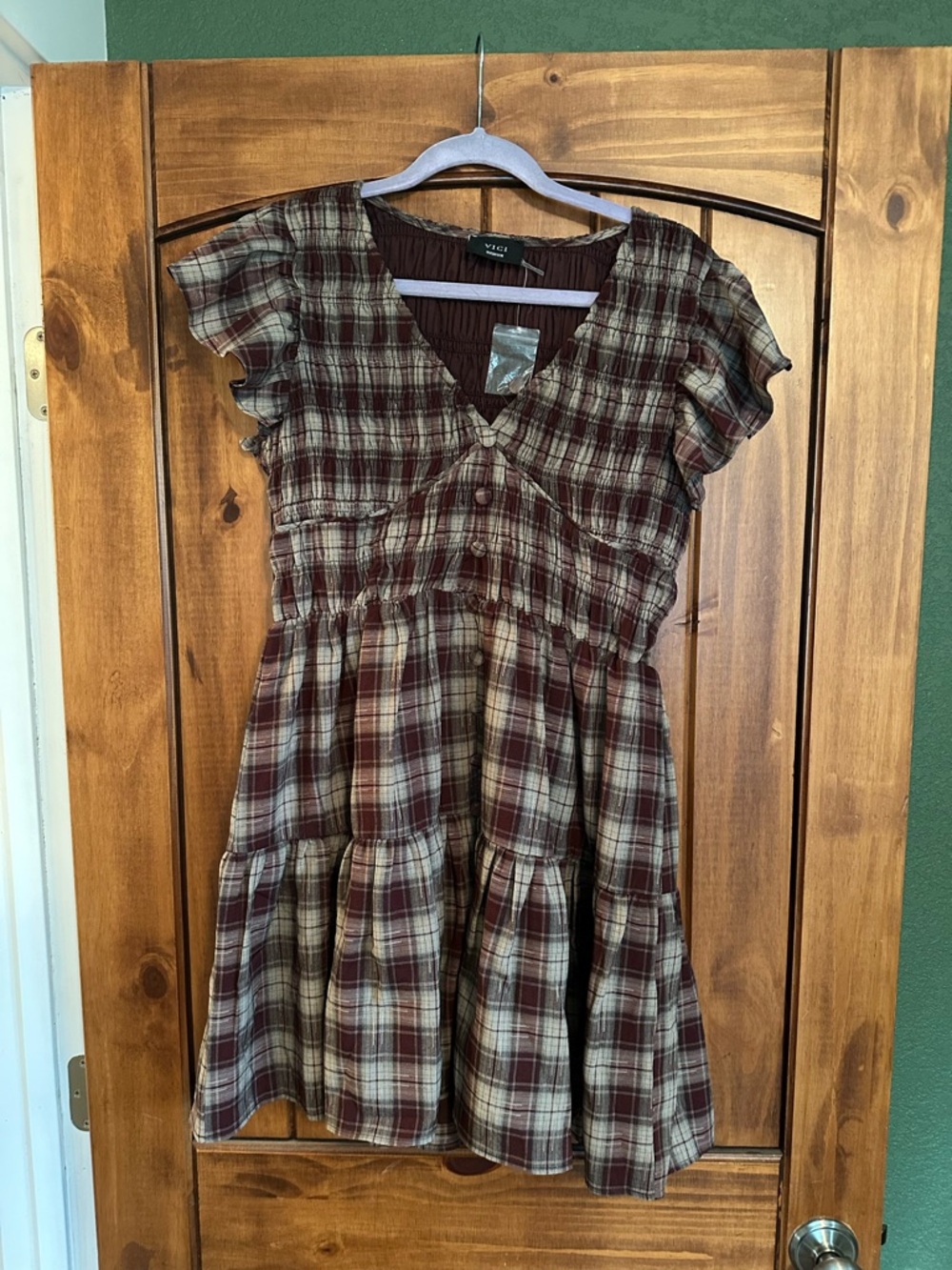 Vici Burgundy and Cream Plaid Tiered Short-Sleeve Dress